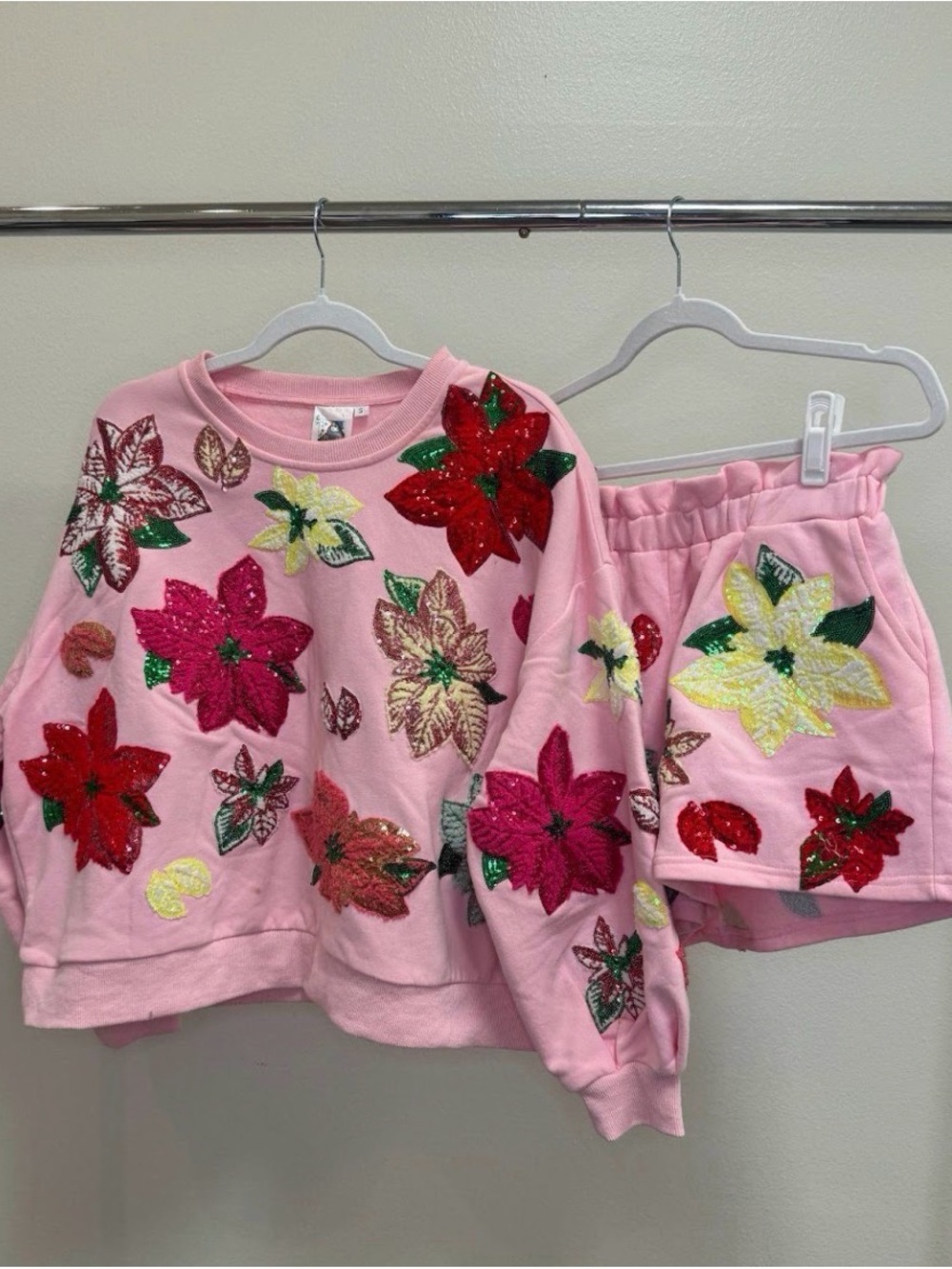 QUEEN OF SPARKLES Pink Sequin Poinsettia Shorts